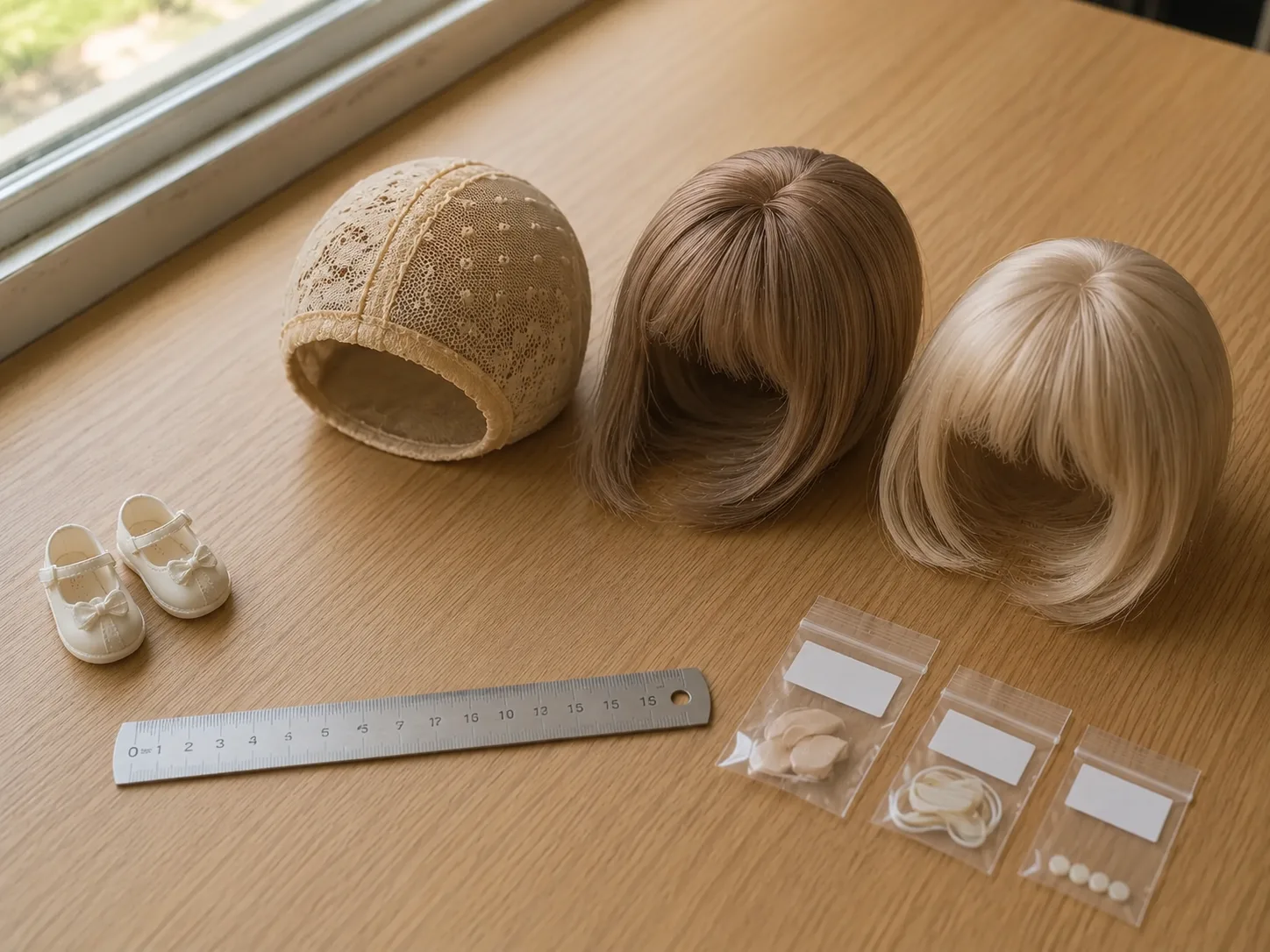BJD accessory fit kit with wig cap, shoes, ruler, caliper, and size tags.