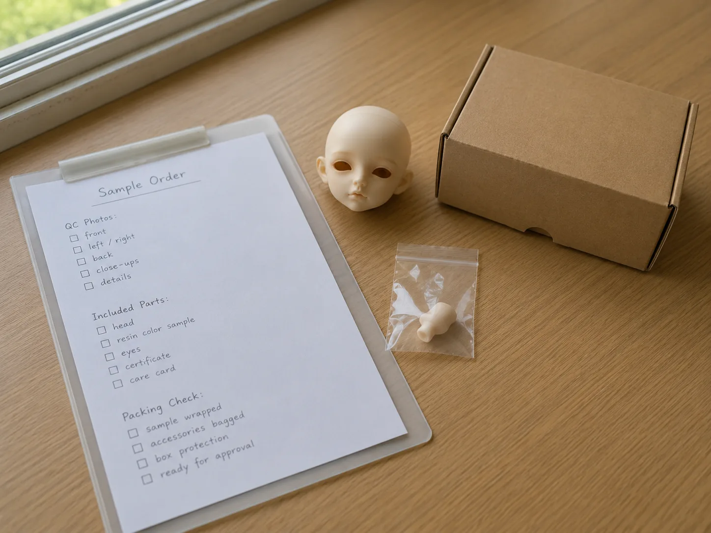 Custom BJD sample order checklist with carton, parts bag, resin head, and packing notes.