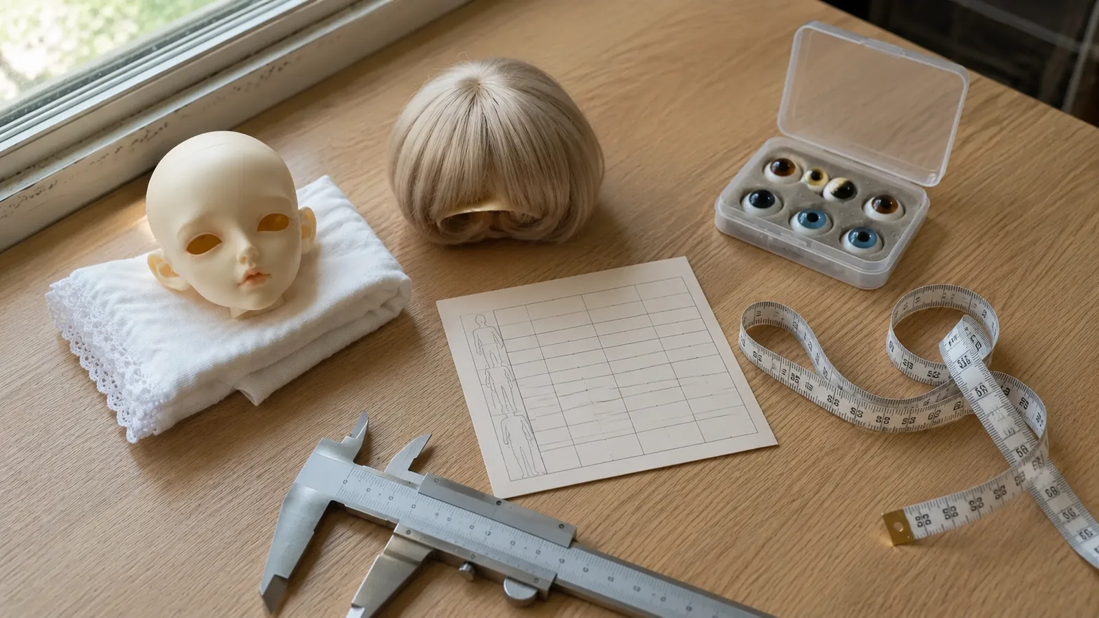 Phone photo of a BJD fit check desk with wig cap, shoes, accessory bags, ruler, and caliper.
