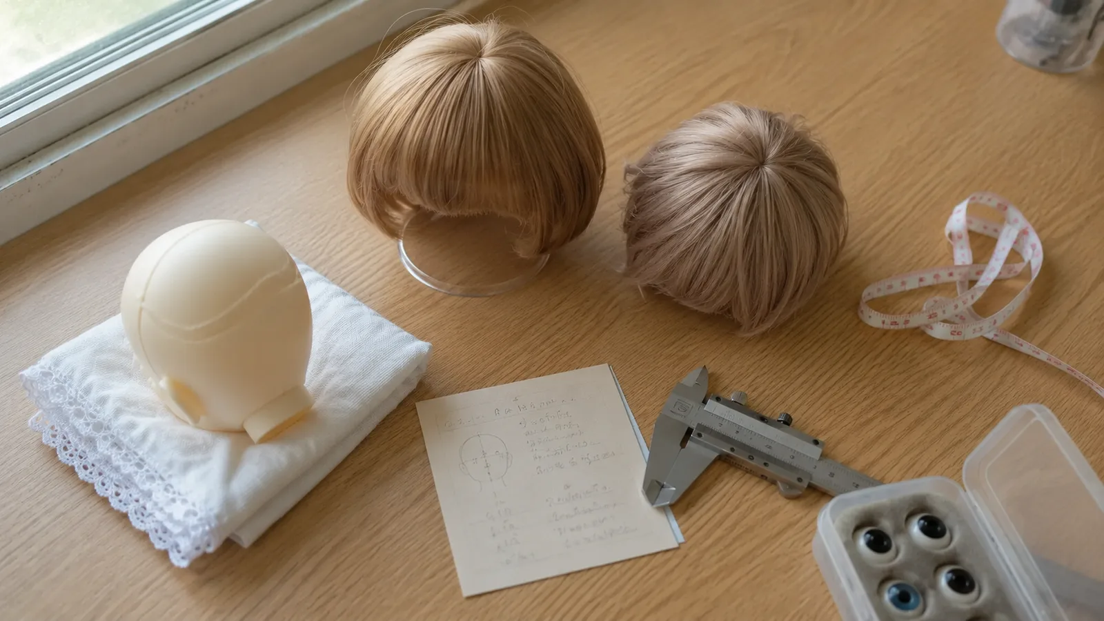 BJD wig fit desk with two wigs, doll head, caliper, eye case, and handwritten size note.