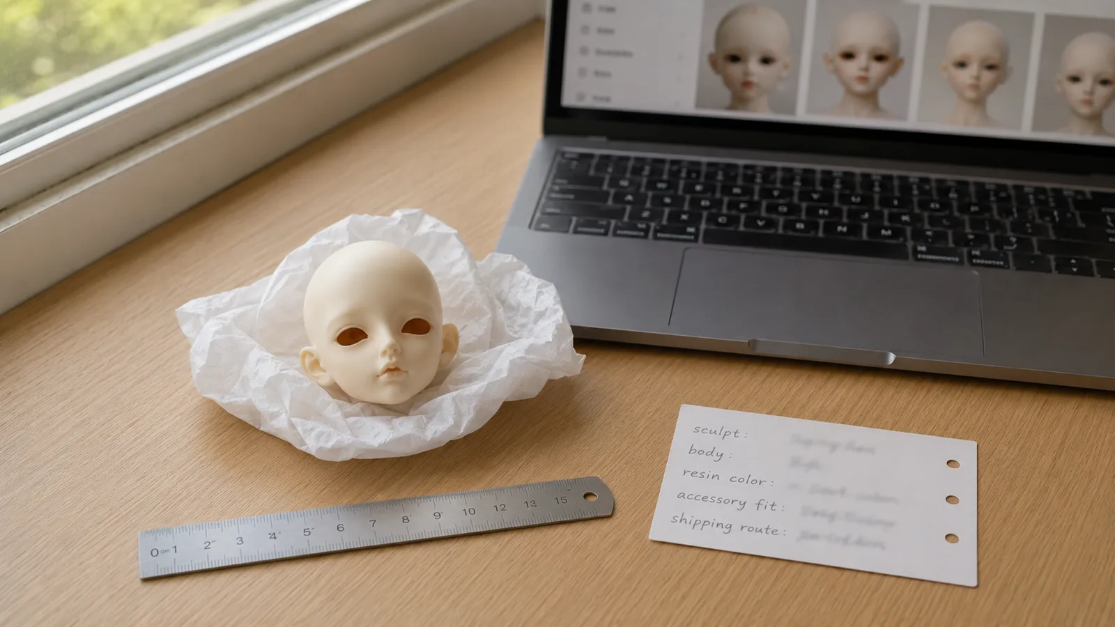 Phone photo of a BJD sculpt check desk with laptop product grid, doll head, ruler, and notes.