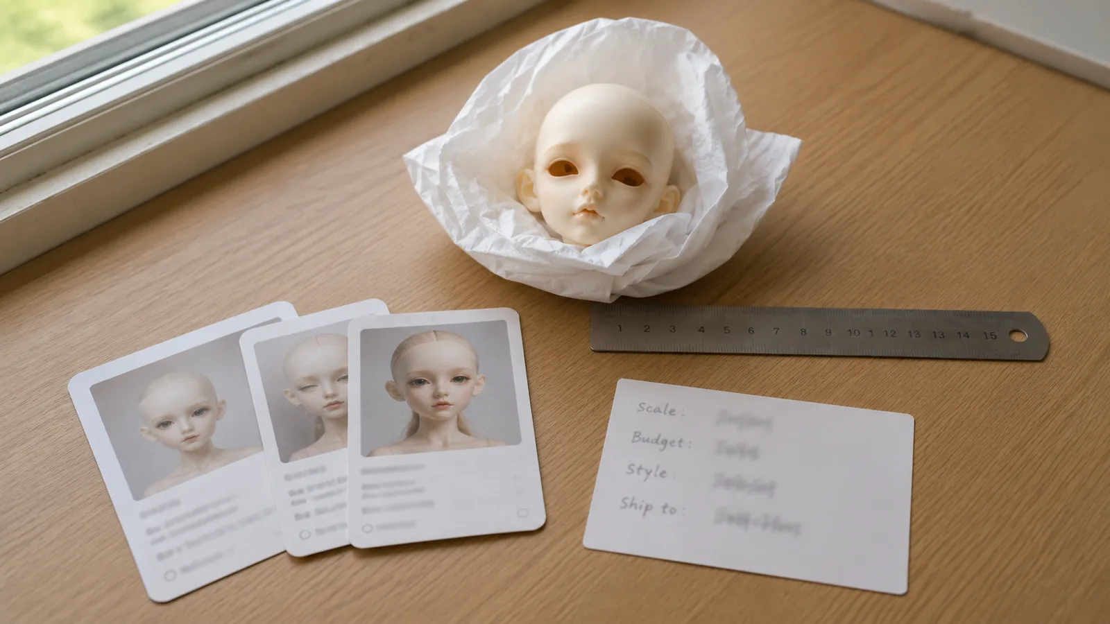 Natural light custom BJD reference desk with printed reference cards, resin head, ruler, and quote note.
