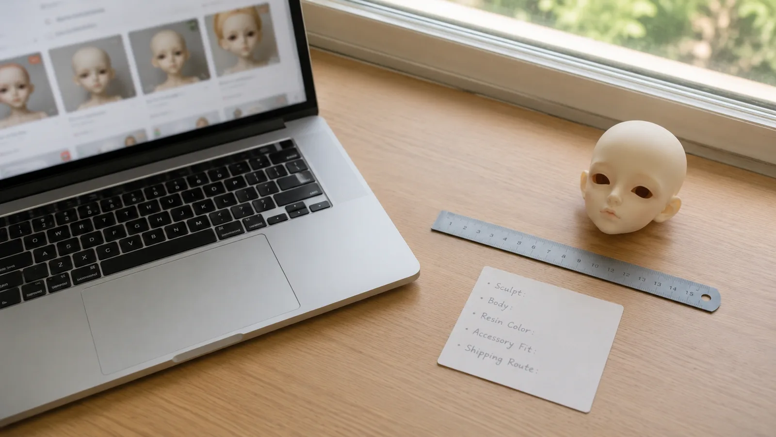 Natural light male BJD research desk with laptop catalog, resin head, ruler, and sculpt notes.