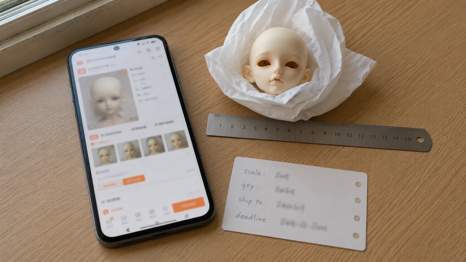 Natural light phone photo of a Taobao BJD sourcing desk with listing printout, resin head, checklist, and pencil.