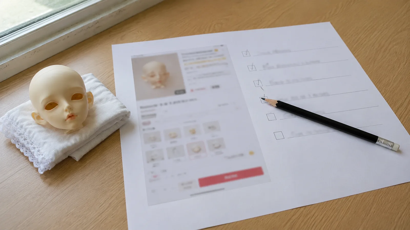 Taobao BJD supplier availability check with laptop chat, resin part, and sourcing notes.