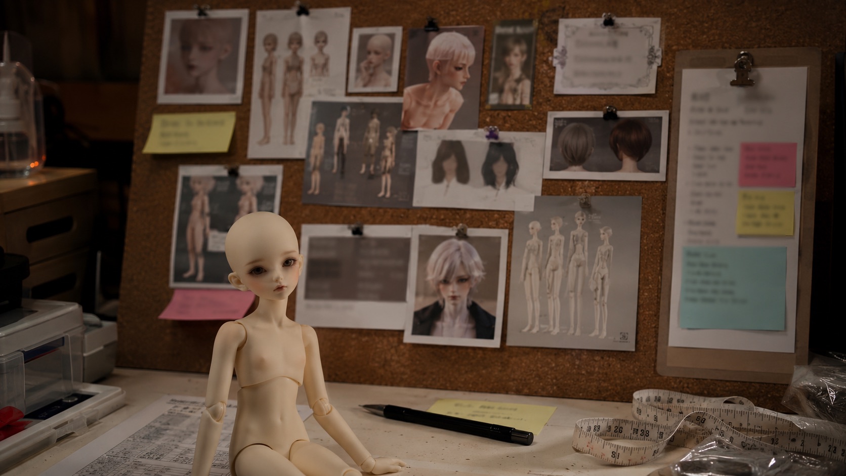 Custom BJD requirement board with references, scale notes, QC notes, and shipping context.
