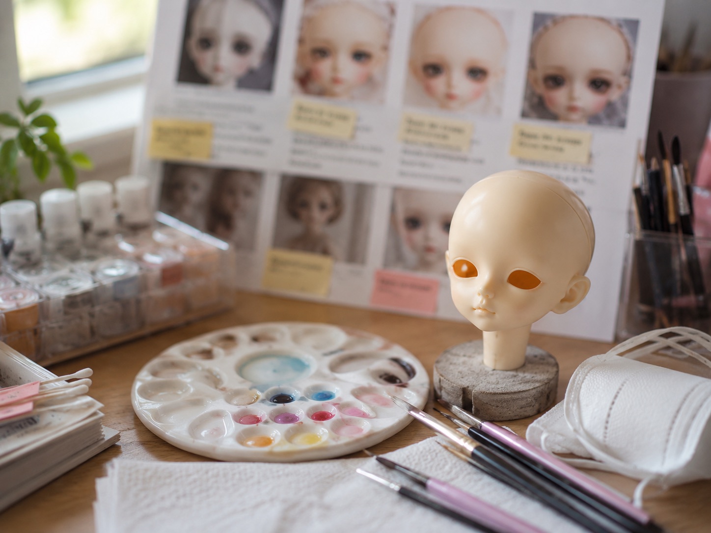 BJD face-up planning desk with resin head, palette, brushes, and reference board.