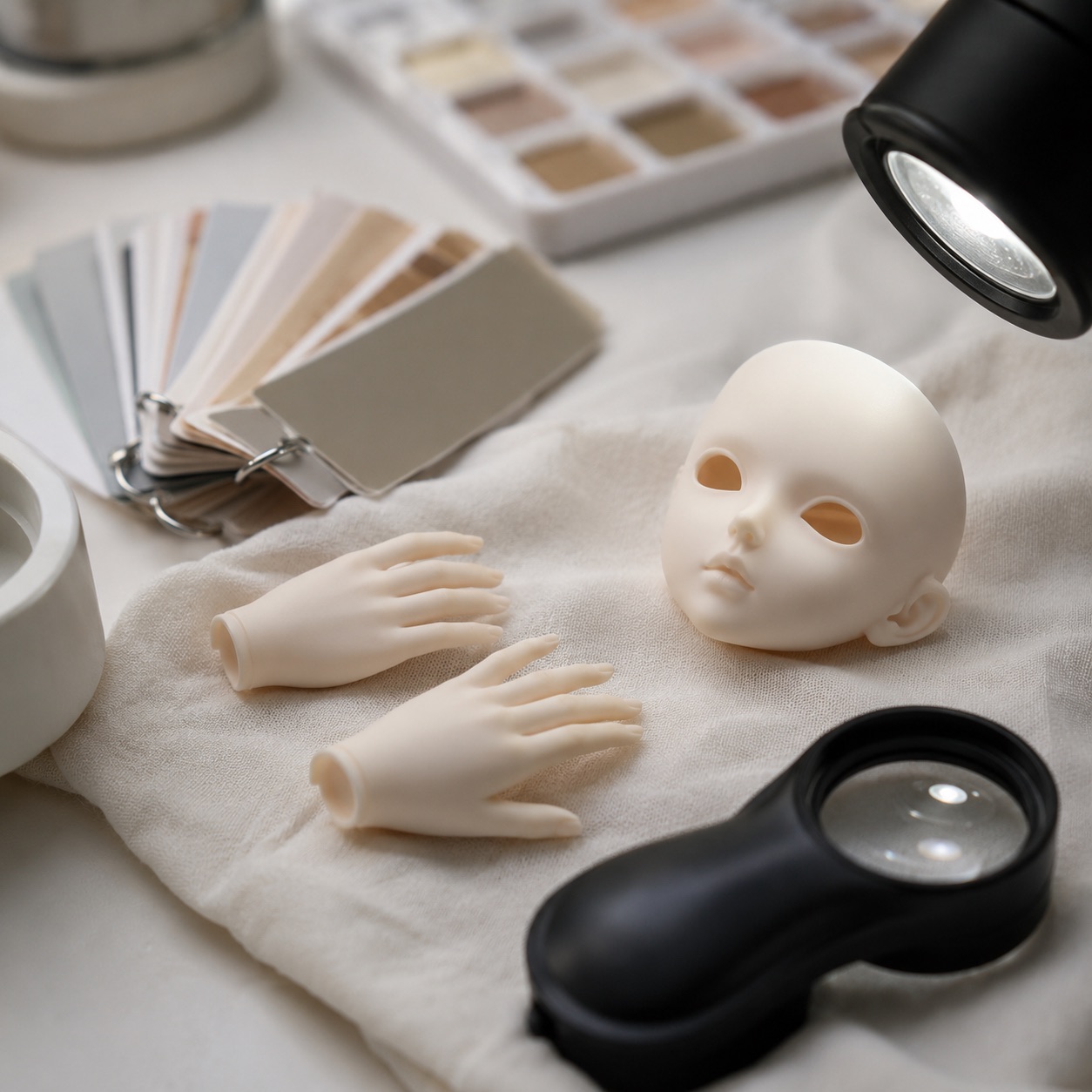 Close-up resin BJD parts, color swatches, magnifier, and inspection light.